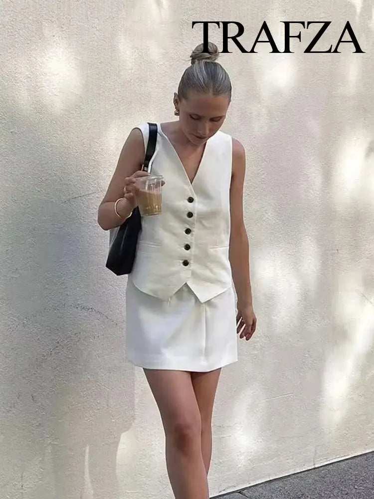 TRAFZA Women's Fashion Solid Linen Waistcoat Top V Neck Button Loose Casual Vest Summer Woman Streetwear Chic Vests Waistcoat