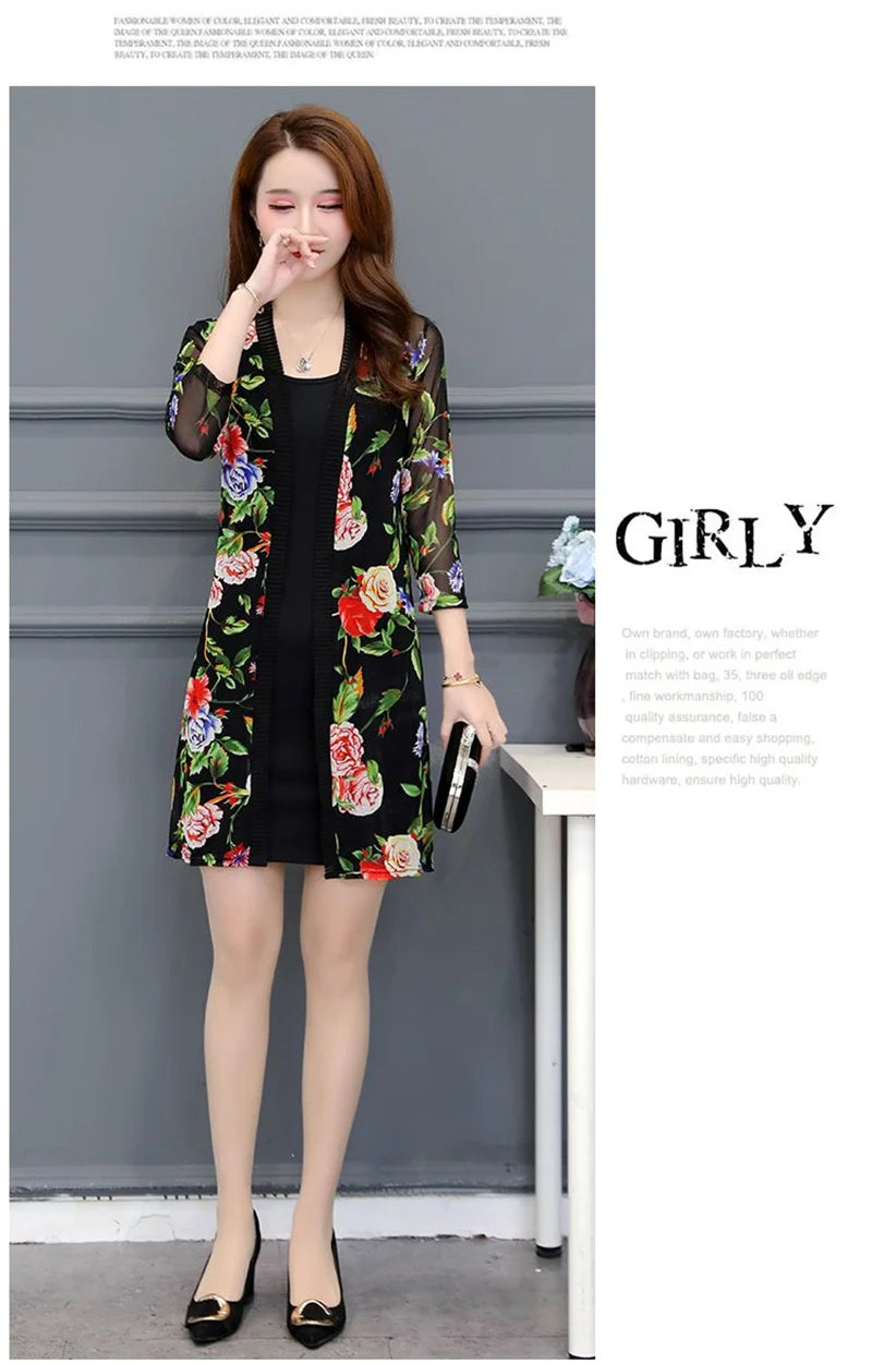 2024 Female Mid Length Large Size Sun Protection Cardigan Tops Coat Women Summer Gauze Lace Print Thin Sun Sunscreen Jacket 5XL