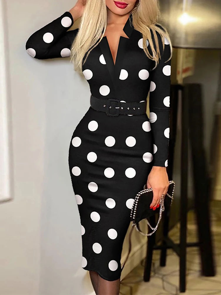 New Women Printing Office Lady Long Sleeve Party Dress Spring Autumn Deep V-Neck Slim Ladies Dress Belt Streetwear Dropshipping