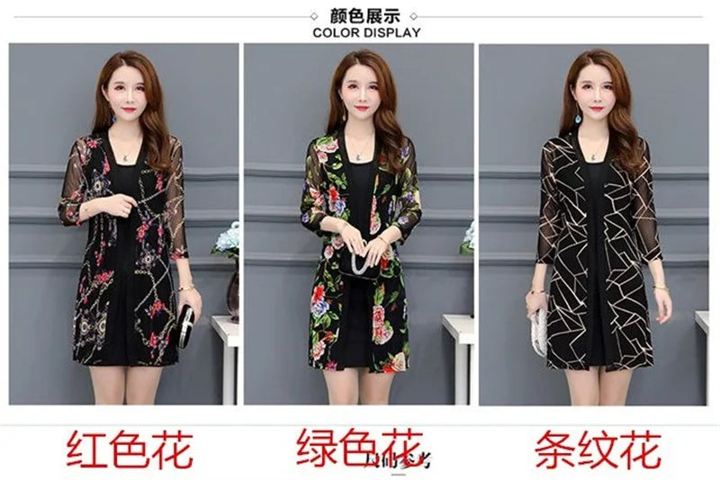 2024 Female Mid Length Large Size Sun Protection Cardigan Tops Coat Women Summer Gauze Lace Print Thin Sun Sunscreen Jacket 5XL