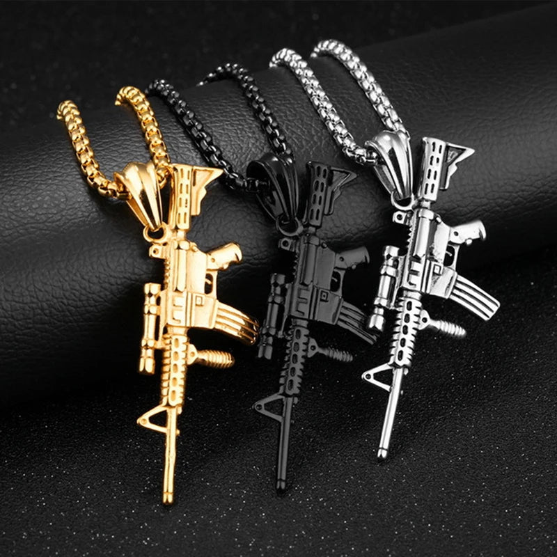 Men's Machine Gun Pendant Necklace Hip Hop Punk Black Gold Color Stainless Steel Chain Retro Accessories Hippie Rapper Jewelry