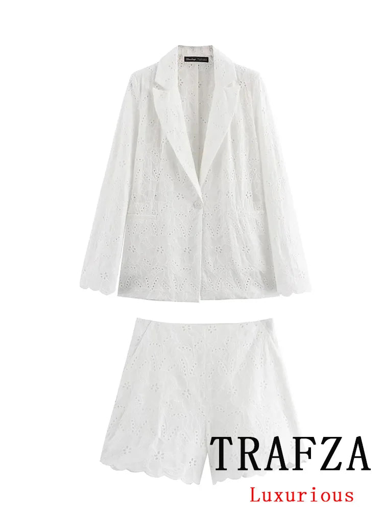 TRAFZA Vintage Office Lady Hollow Out Women Suit Solid Single Button Notched Blazer Mini Zipper Shorts Fashion 2025 Summer Sets