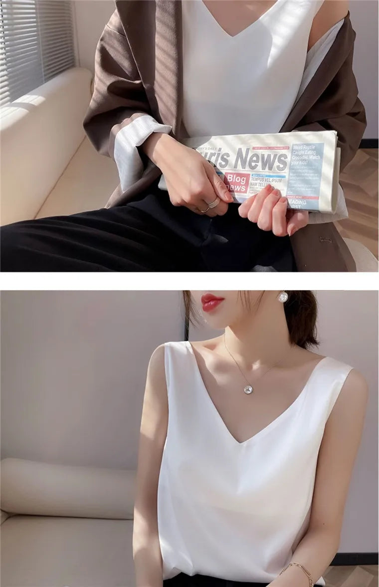 Acetate satin Camisole Women's V-neck Silk Satin vest Top elegant wild Avocado Green white black tank Women Crop Tops