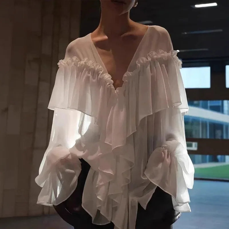 Talenza White Chiffon Shirt Women's Summer V-Neck Sexy See Through Shirt Beach Blouse Fashion Ruffle Patchwork Female Blouse Top