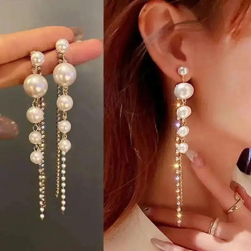 925 Silver Needle Korean Fashion Tassel Pearl Earrings For Women Jewelry 2025 Trending New Vintage Women's Pearl Drop Earrings