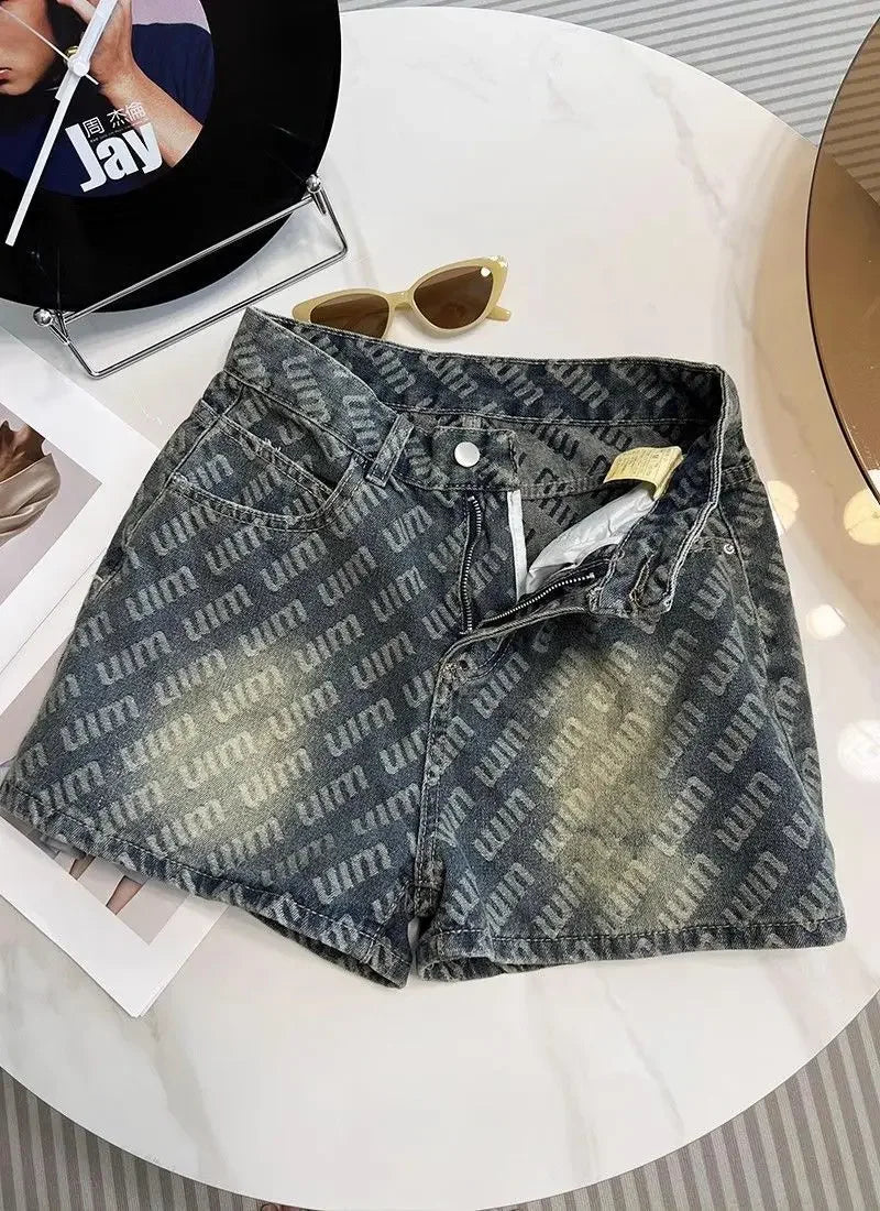 Letter Printed Denim Shorts Women Design High Waist Loose Slimming Wide-leg A-line Hot Pants
