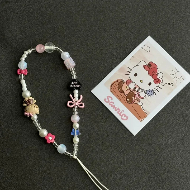 New Anime Cartoon Sanrio Hello Kitty Beaded Phone Chain Cute Girl Ccd Camera Backpack Pendant Decoration Friends Birthday Gift