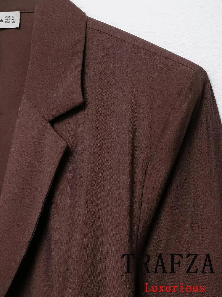 TRAFZA Vintage Brown V Neck Long Sleeve Belt Blazer+High Waist Wide Leg Shorts Fashion 2025 Summer Vintage Female Holiday Sets