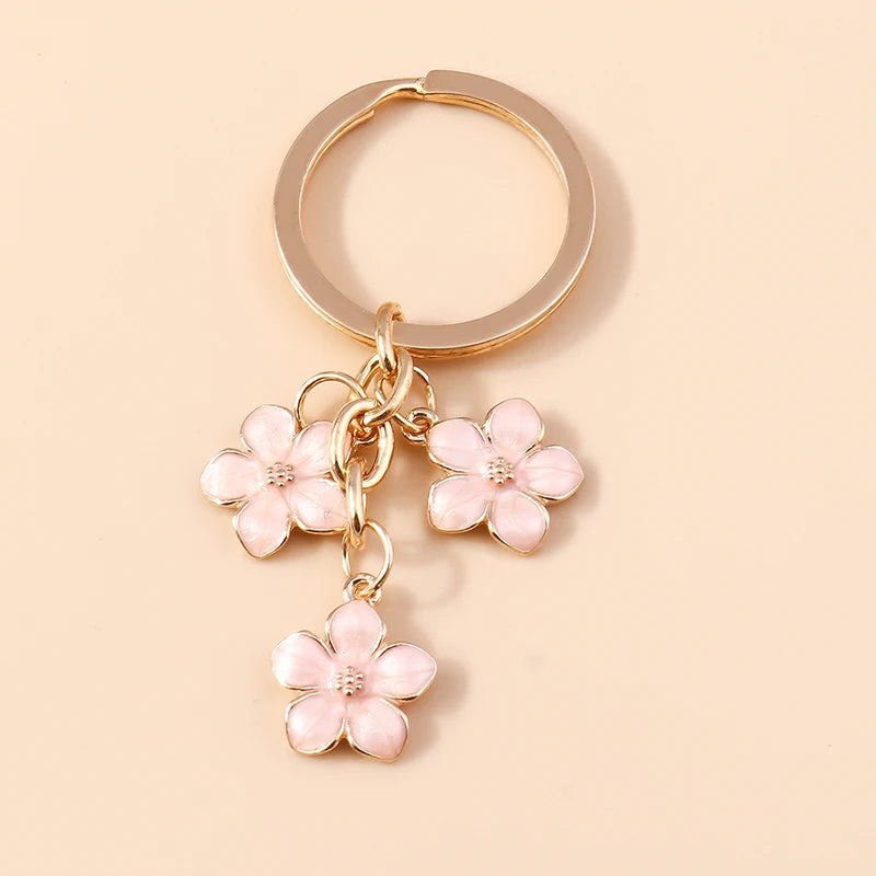 Cute Enamel Keychain Colorful Sakura Flower Key Ring Sweet Key Chains for Women Girls Handbag Accessories DIY Jewelry Gifts