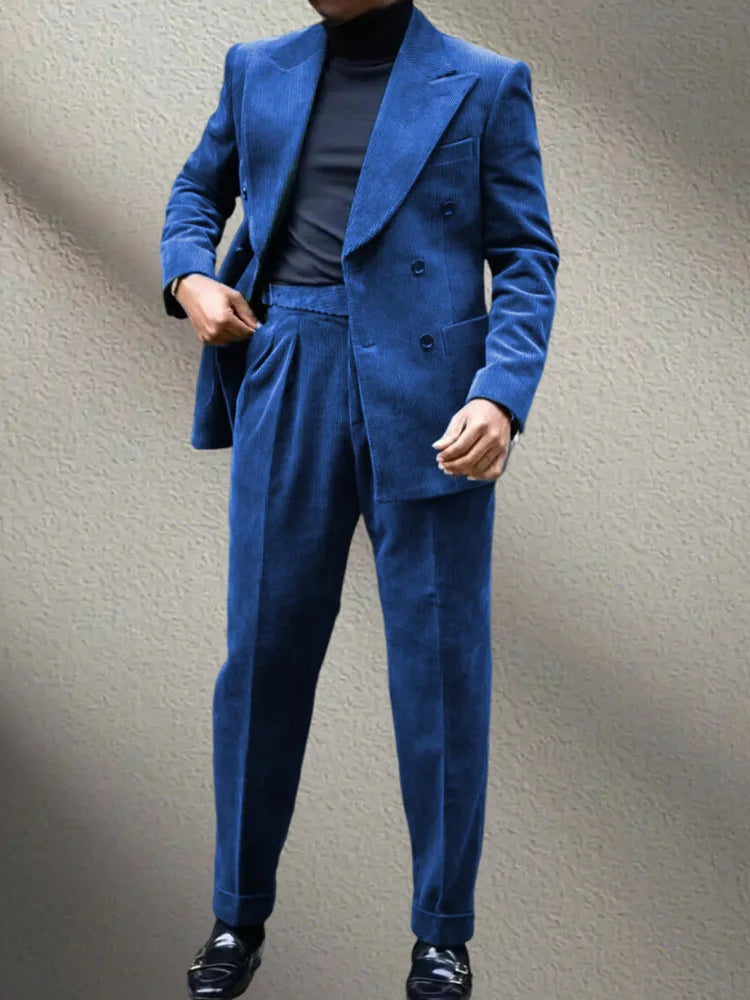 Autumn Winter Corduroy Men's 2 pieces suit Man blue suit Jacket suit Pants Suit Thick top for Wedding Banquet Business