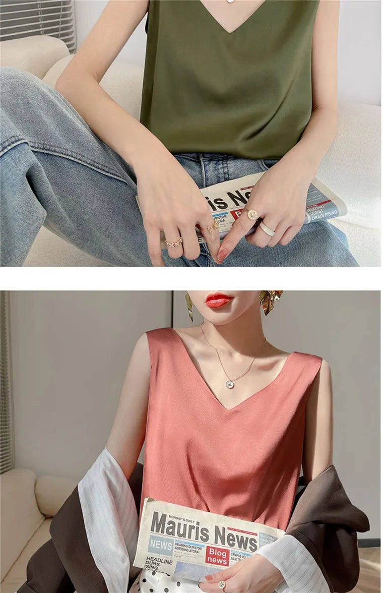 Acetate satin Camisole Women's V-neck Silk Satin vest Top elegant wild Avocado Green white black tank Women Crop Tops
