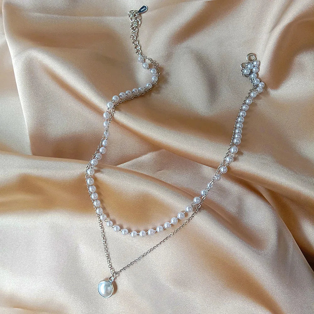 Pearl Dainty Adjustable Double Layer Chain Pendant Necklaces Gold Plated Pearl Tiny Chain Delicate Mother's Valentine Jewelry