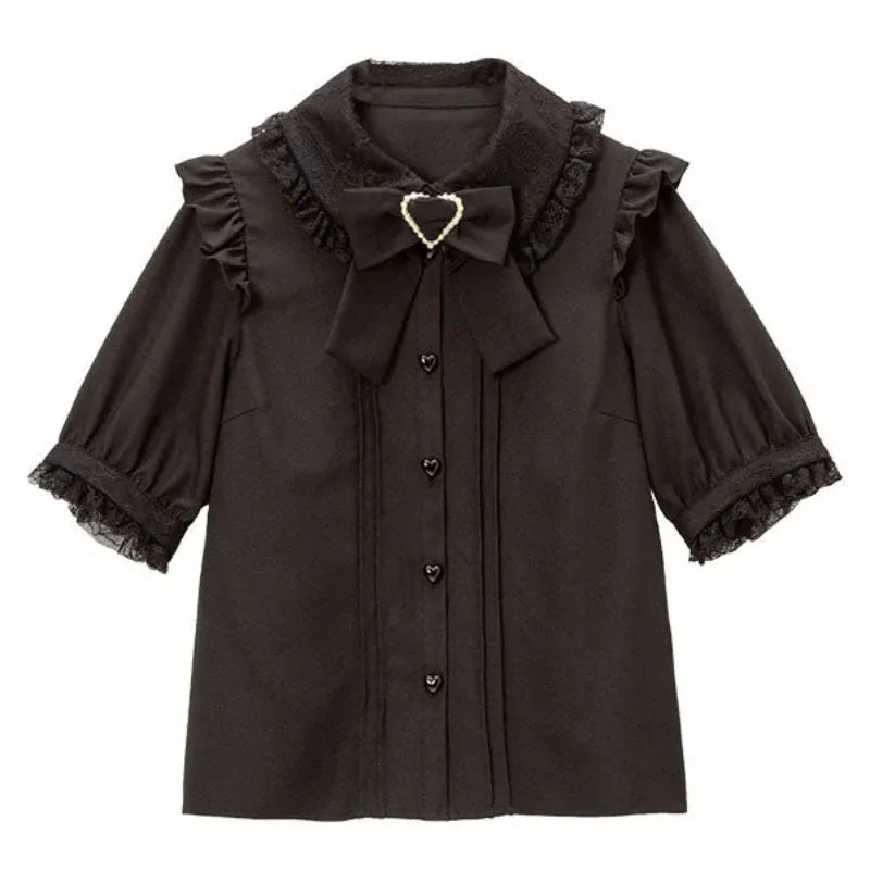 Gothic Lolita Blouses Women Sweet Bow Off Shoulder JK Shirt Japanese Girls Elegant Love Heart Lace Ruffles Blusas Mujer Tops
