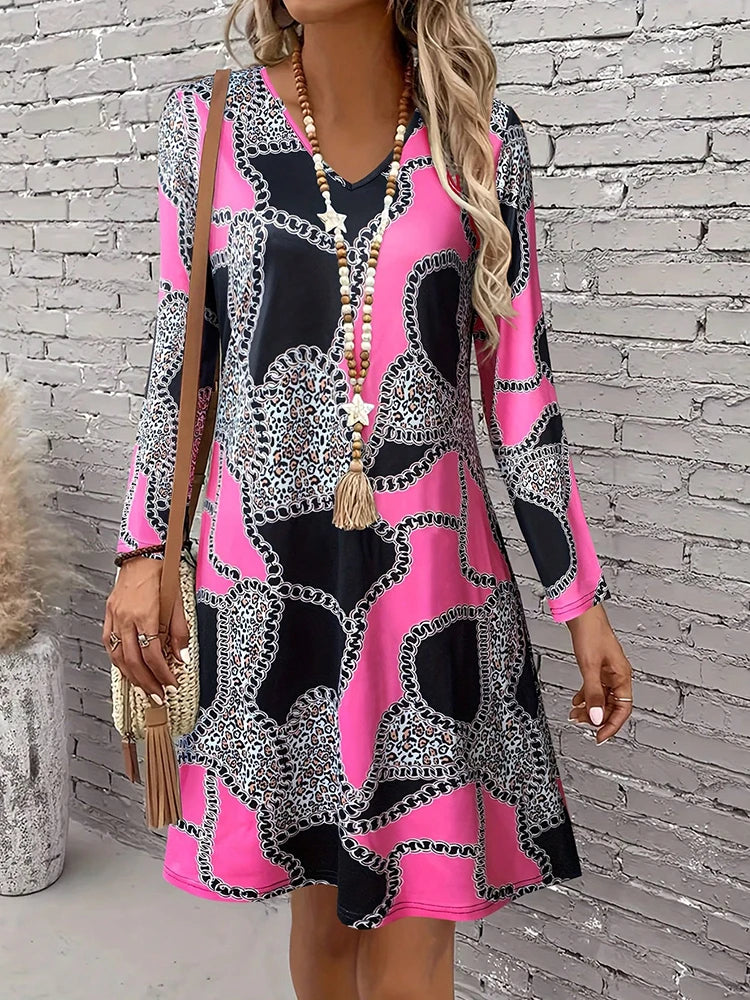 Women's casual paisley printed long sleeved dresses for women,fashion scallop women short dresses,spring outfits for women