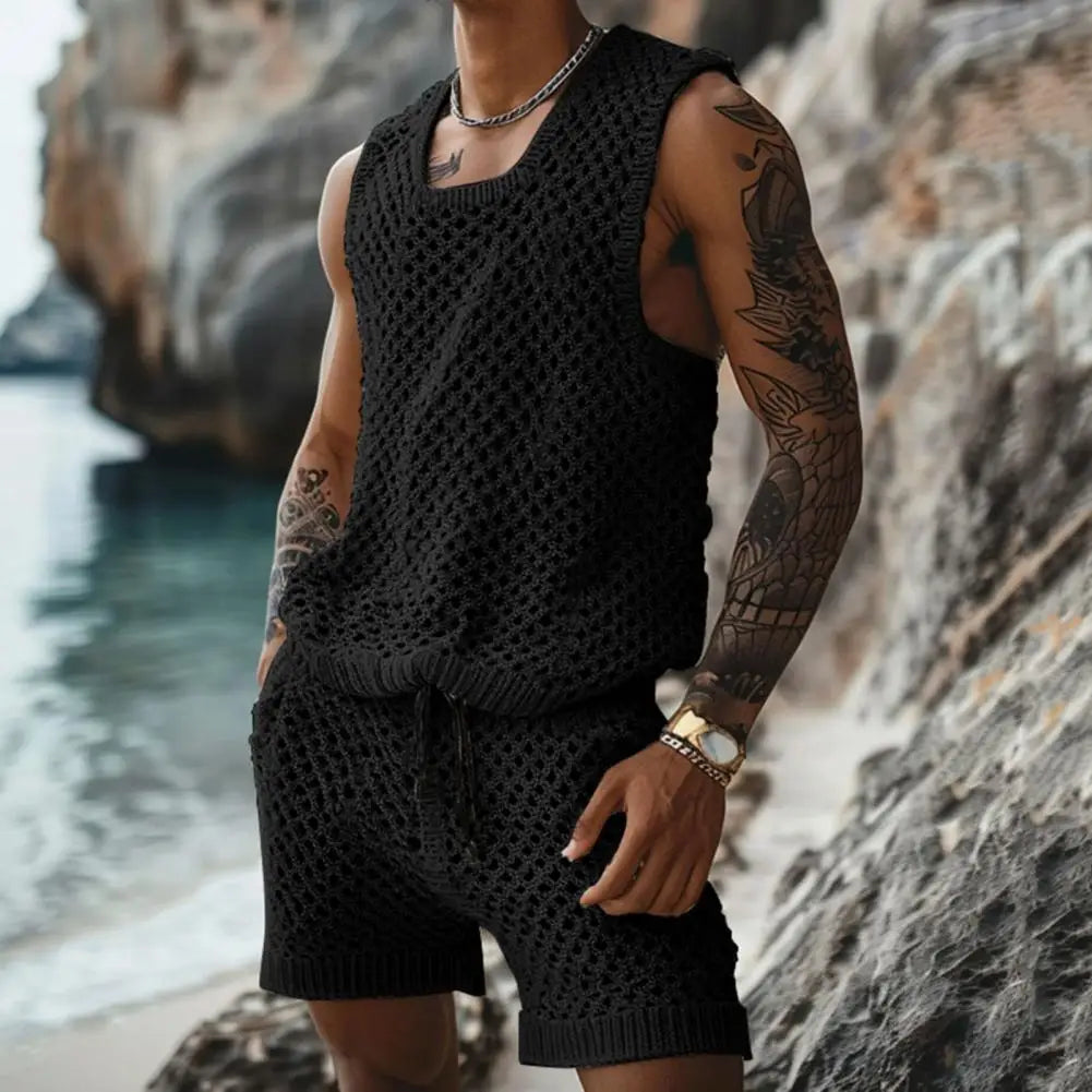 Vest Shorts Set Men's Casual Sleeveless Knit Top Drawstring Shorts Set for Daily Wear Elastic Waist Wide Leg Shorts for Men's