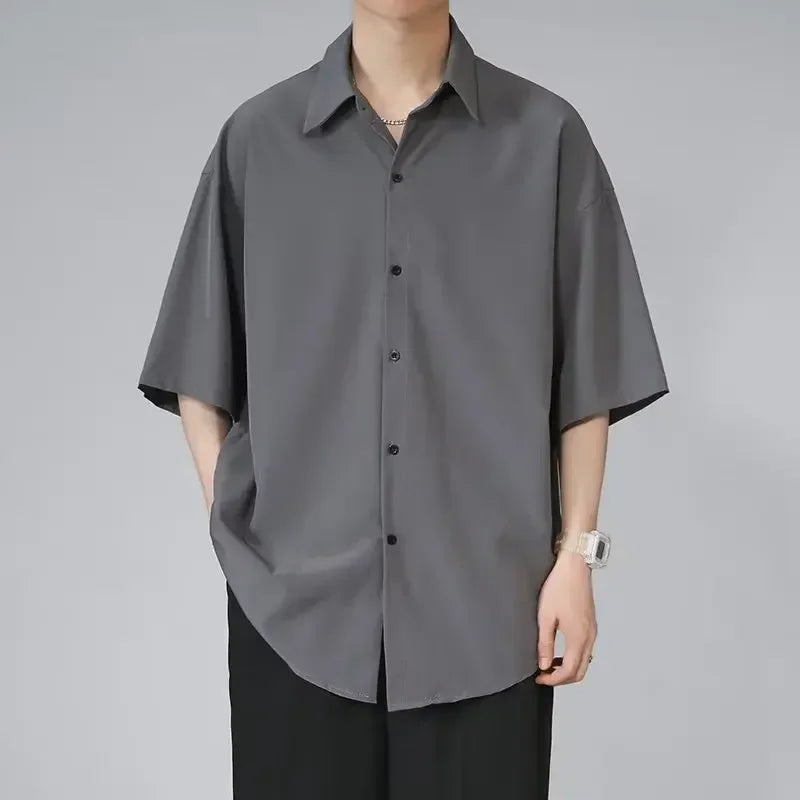 Men's Ice Silk Short Sleeve Shirt Casual Loose Fit Korean Style Trendy Black Shirt For Summer Thin Sleeve Casual