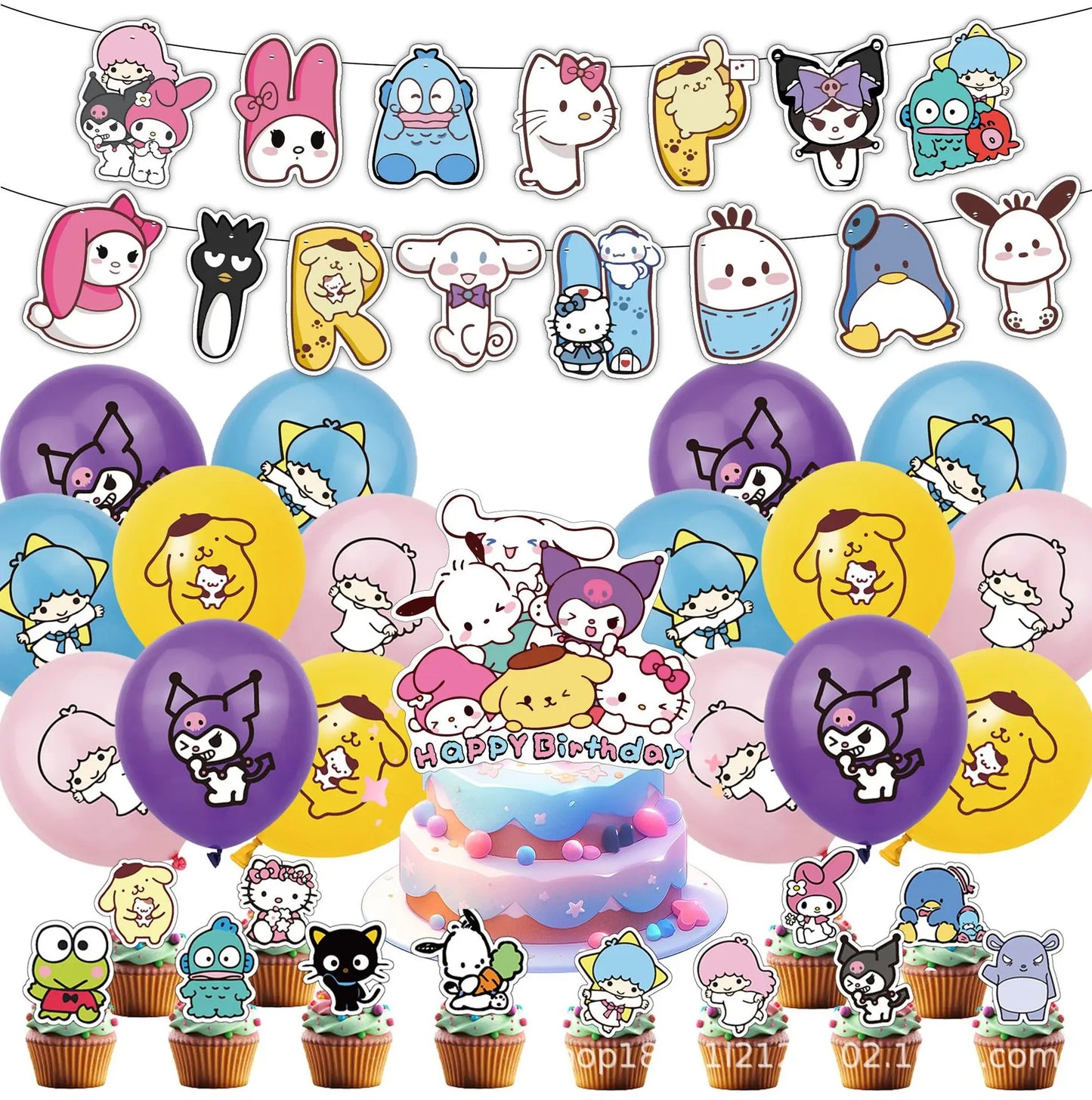 kawaii Sanrio Birthday Party cutlery plate Disposable Banner Cake Topper Hanging Flag Hello Kitty Balloons Birthday Decorations