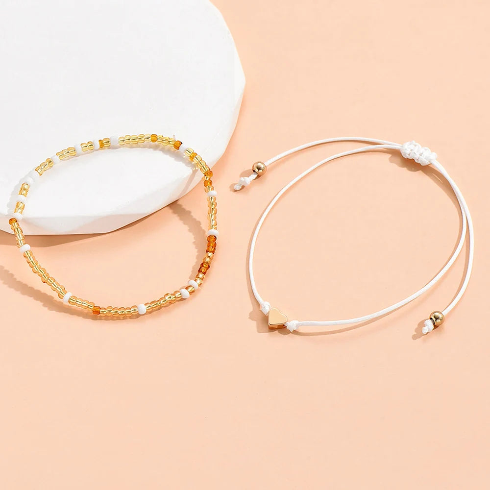 Boho Anklet Foot Colorful Beads Chain Summer Bracelet Heart Pendant Charm Anklet Sandals Barefoot Beach Foot Bridal Jewelry J027