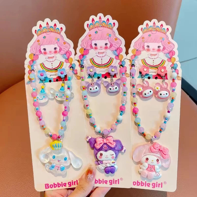 Kawaii Sanrio Beaded Necklace Girls Jewelry Ear Clip Set Kuromi Cinnamoroll Pierced Baby Princess Jewelry Melody Gifts