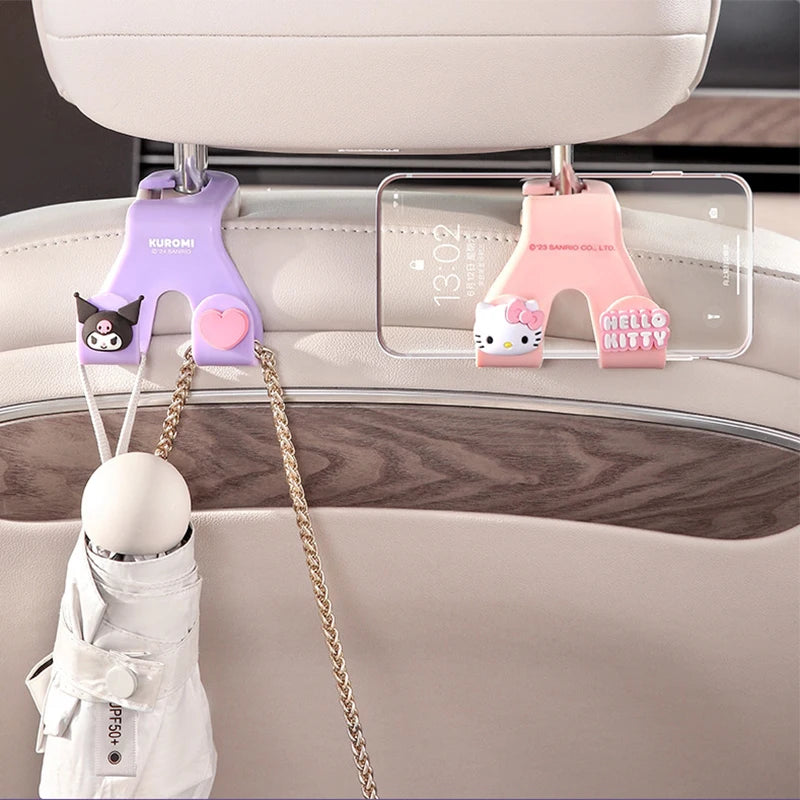 Kawaii Hello Kitty Car Seat Headrest Hook Sanrio Cinnamoroll Kuromi Auto Back Seat Organizer Hanger Storage Car Interior