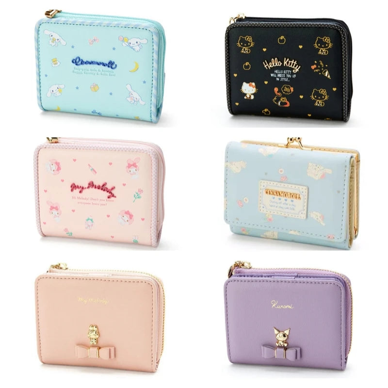 Sanrio Cinnamoroll Kuromi My Melody Hello Kitty Kawaii PU Leather Wallet Card Holders Casual Coin Purse Money Bag