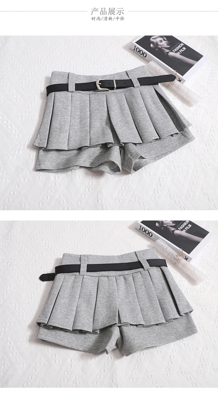 Kimotimo Womens Shorts Autumn Winter Belt High Waist Fluffy Pleated A-line Short Pants Korean Fashion Sexy Y2k All Match Clothes