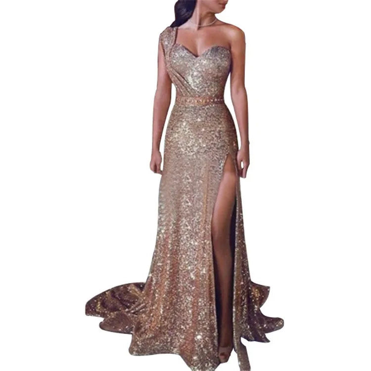 Wedding Party Dress Female Evening Elegant Sexy Deep V Neck One Shoulder Sleeveless Sequined Long Maxi Dresses For Women 2023