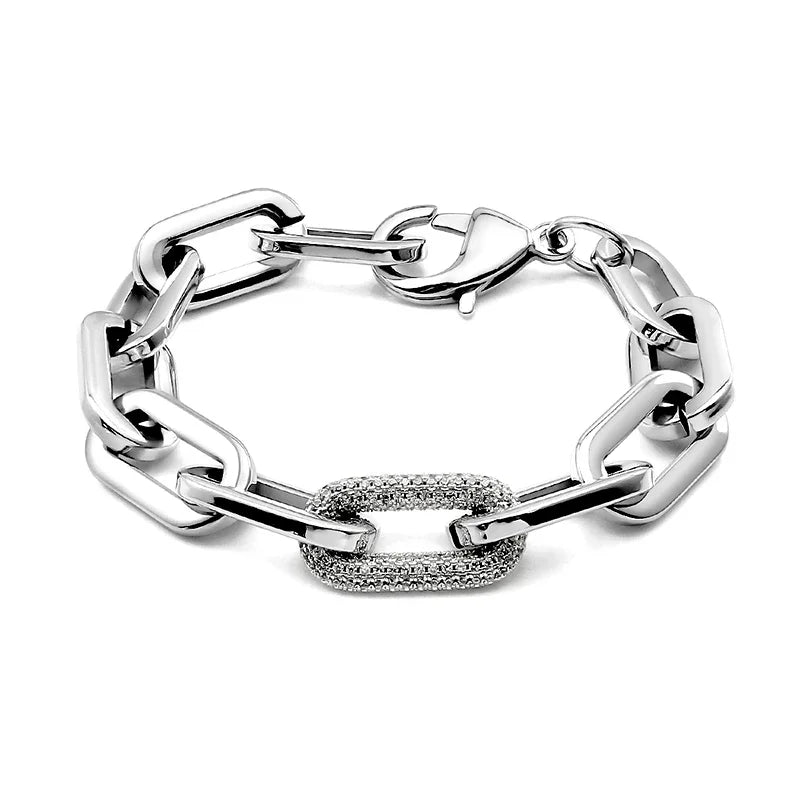 Fashion Women Big Chunky Bracelets Chains with Blink Rhinestones Link Gold Silver Color Surgical Stainless Steel Bracelets