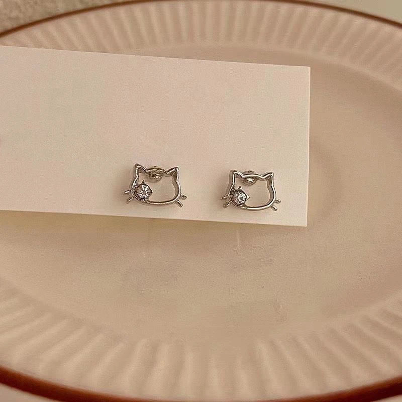 925 Sterling Silver Cute Hello Kitty Shining Zircon Earrings Kawaii Earrings Cartoon New Ins Sweet Student Exquisite Earrings