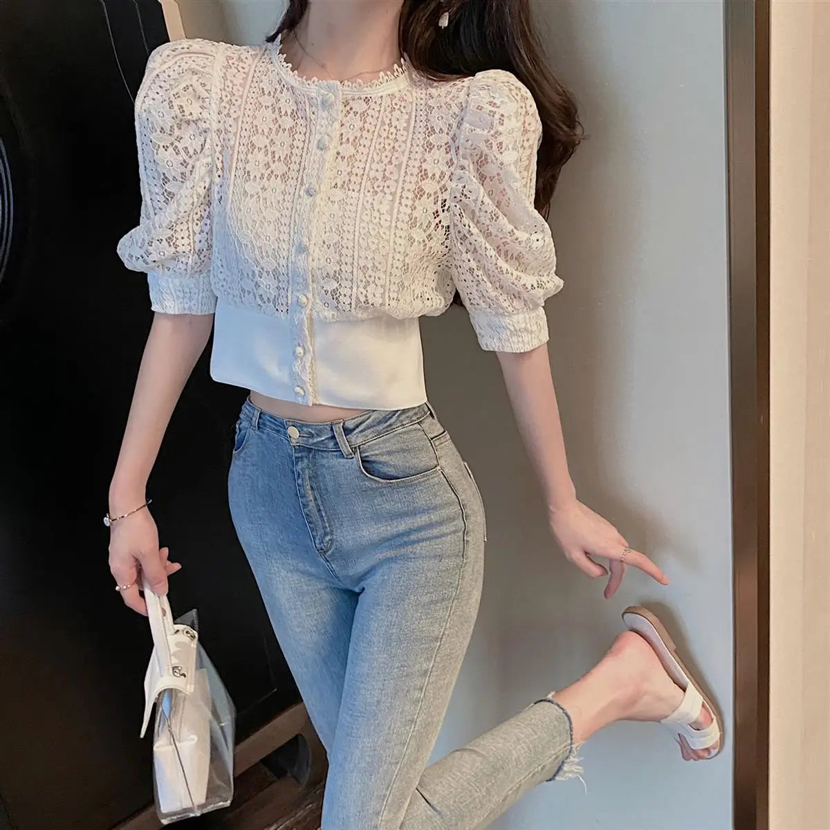 Woherb Sweet Crochet Top Blouse Women Sexy Hollow Out Shirt Vintage Puff Sleeve Korean Shirts Fashion Chic Tops Blusas