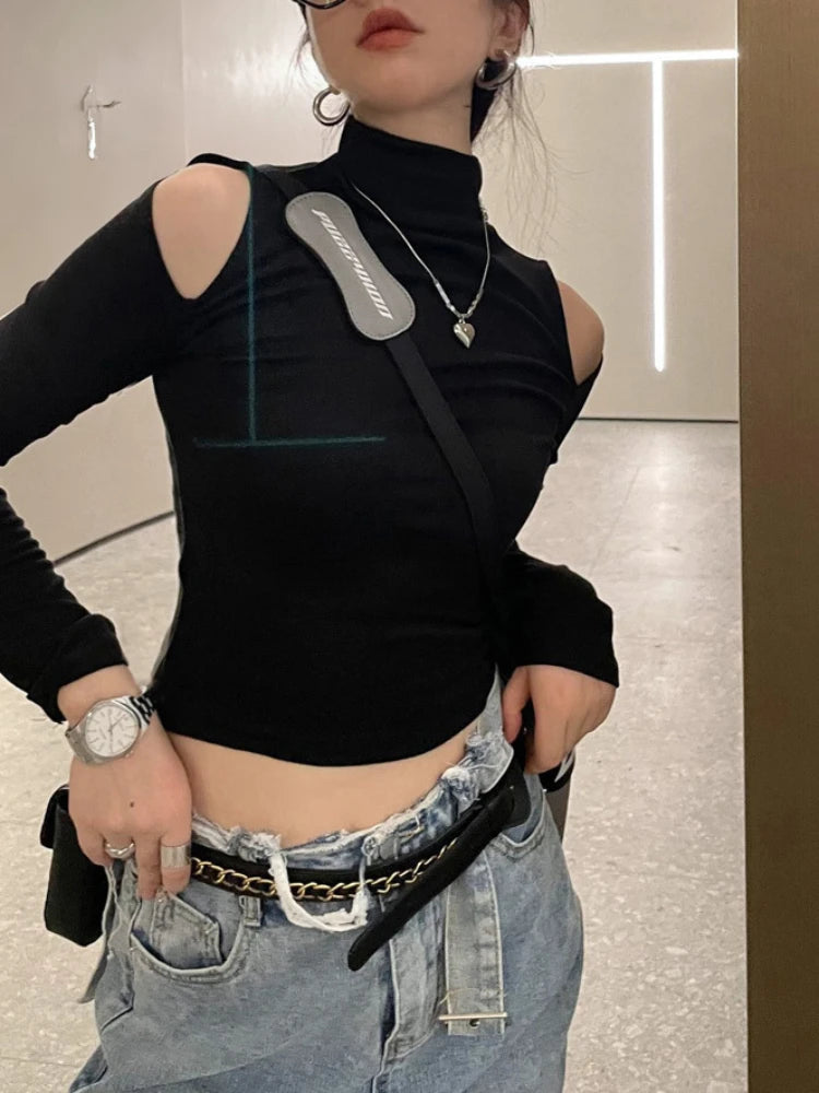 Black Tshirt Off Shoulder 2024 Top for Women Sexy Woman T-shirt Clothing Original Korean Fashion New in Designer Funny Xxl O Tee