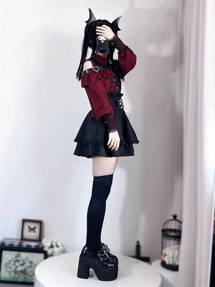 Kawaii Off Shoulder Long Sleeve Shirts Women Black Short Skirt Set Y2K Gothic Ruffle Skirts Lace Lolita Shirt Gown Suit 