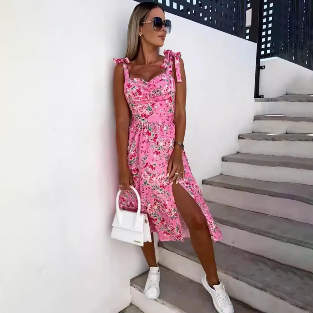 Summer Sexy Strap Midi Party Dresses Women 2024 Fashion Sleeveless Backless Print Slim White Dress Vacation Sundress Elegant