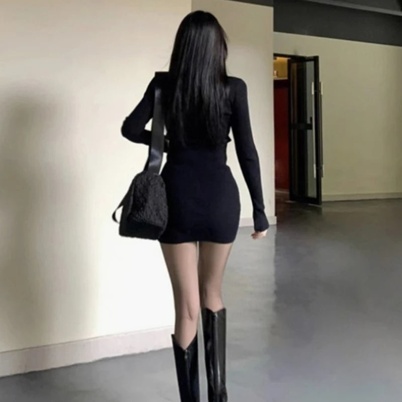 2025 ミニマリスト ブラック リブ編みニットドレス、ハーフジップ 長袖 ボディコンワンピース、女性の日常エレガントウェア