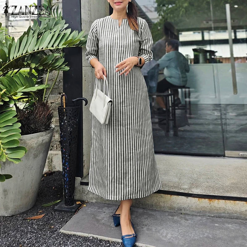 2025 Autumn Striped Dresses ZANZEA Fashion Women V Neck Long Sleeve Work Dress Elegant Office OL Sundress Maxi Long Vestido Robe