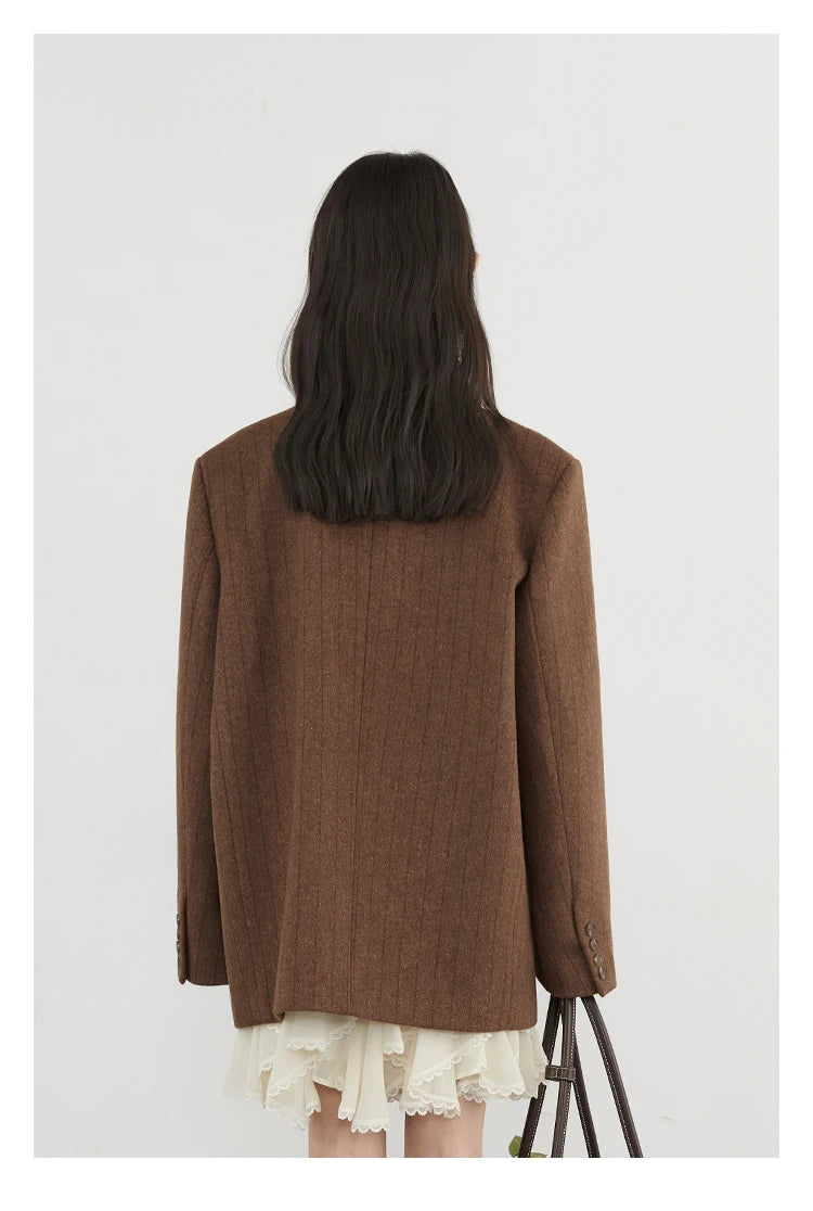 CHIC VEN Women Woolen Blazer Loose Vintage V Neck Female Jacket Suit Double Breasted Office Ladies Coat Spring Autumn 2025