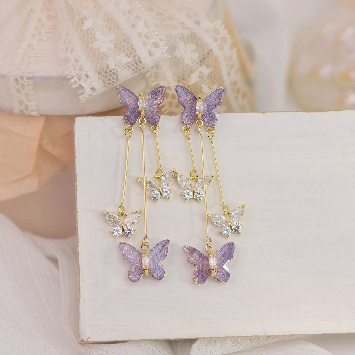 925 Silver Needle Purple Butterfly Long Tassel Earrings For Women Jewelry 2025 Trending Korean Fashion Luxury Crystal Earrings