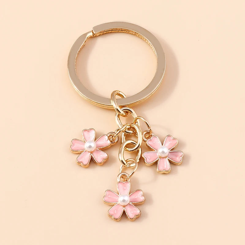 Cute Enamel Keychain Colorful Sakura Flower Key Ring Sweet Key Chains for Women Girls Handbag Accessories DIY Jewelry Gifts
