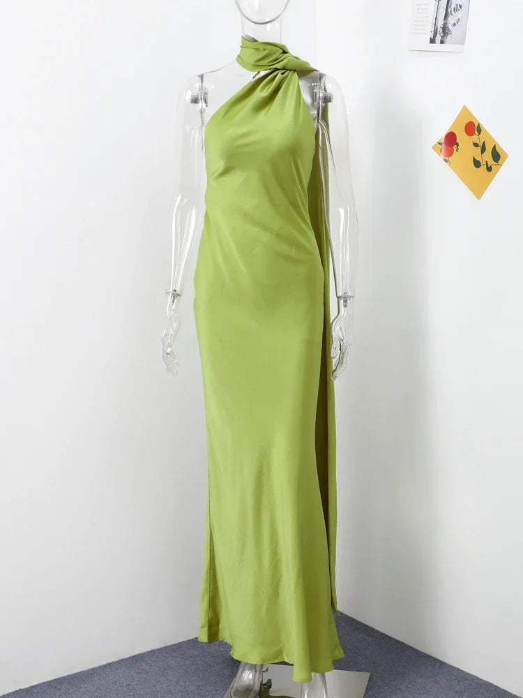Elegant Satin Ribbon Halter Backless Sleeveless Dress for Women Slim Fit Party Evening Robes Lady Solid Color Autumn Summer 2025