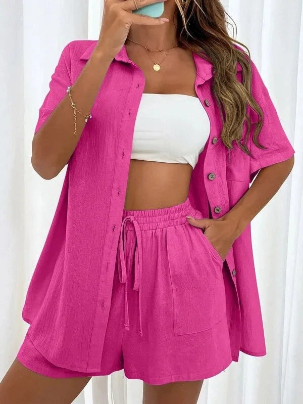 Long Sleeve Single breasted Top Broad legged Shorts Set Fashion Ladies Sexy Solid Suits 2024 Summer 2 Piece Outfits For Women