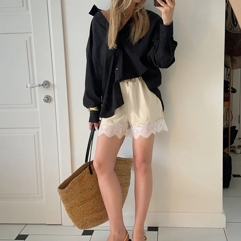 New Lace Casual Wide Leg Shorts Solid Elegant Black Short Pants High Waist Sexy Short High Street Y2k Bottoms Women Summer Short