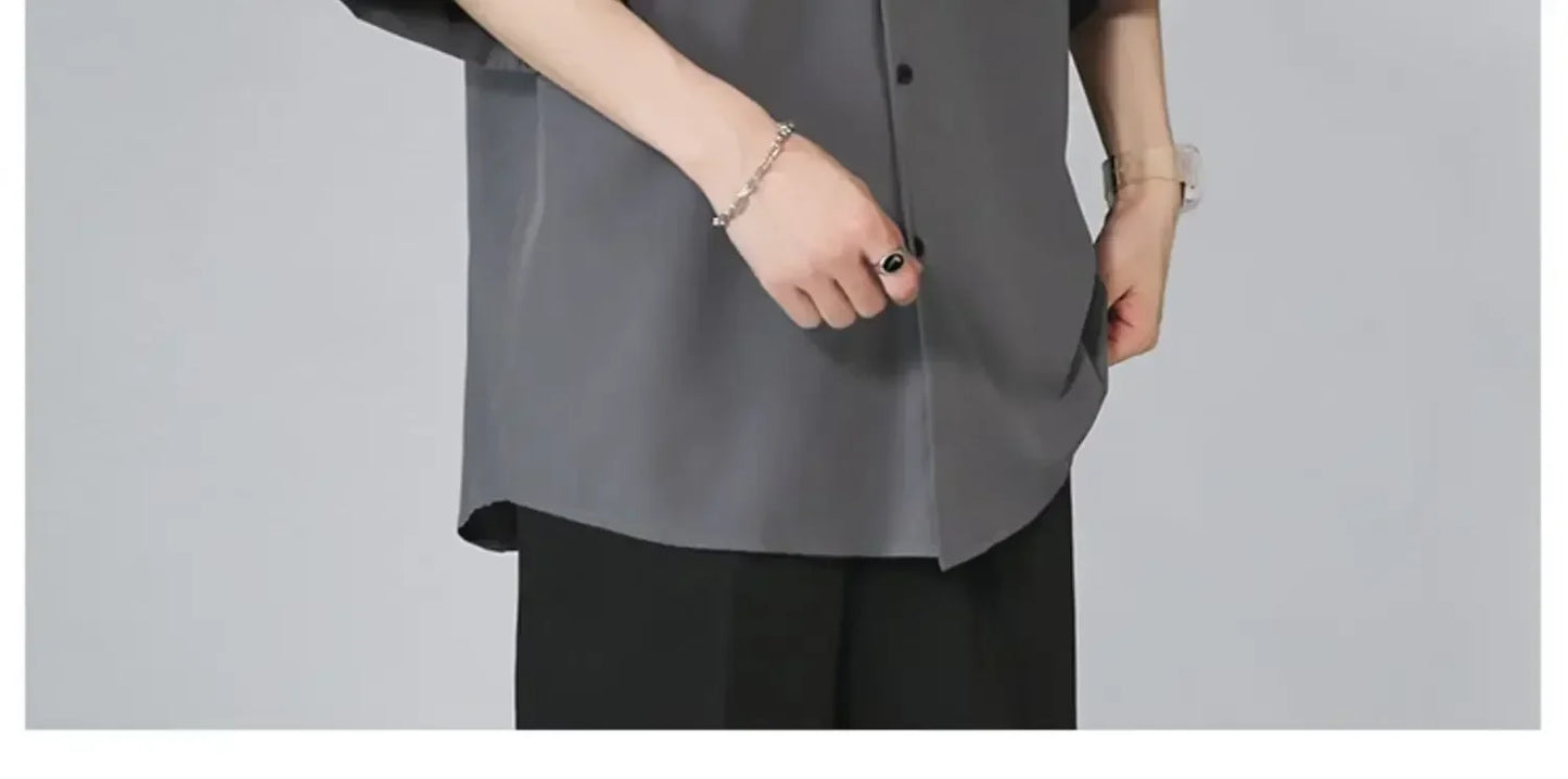 Men's Ice Silk Short Sleeve Shirt Casual Loose Fit Korean Style Trendy Black Shirt For Summer Thin Sleeve Casual