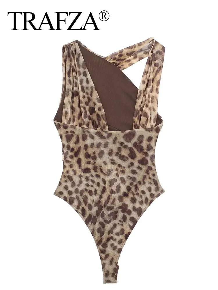 TRAFZA Leopard Print Women Bodysuits Sexy Vintage Sleeveless Lady Jumpsuits Fashion Summer Beach Slim Halter Female Rompers