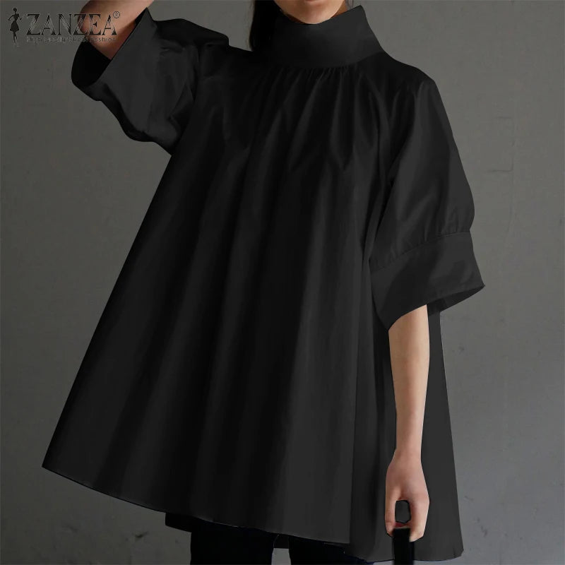 ZANZEA Elegant Women High Collar Half Sleeve Blouse Summer Casual Loose Shirt Fashion Work OL Tops Female Party Blusas Chemise