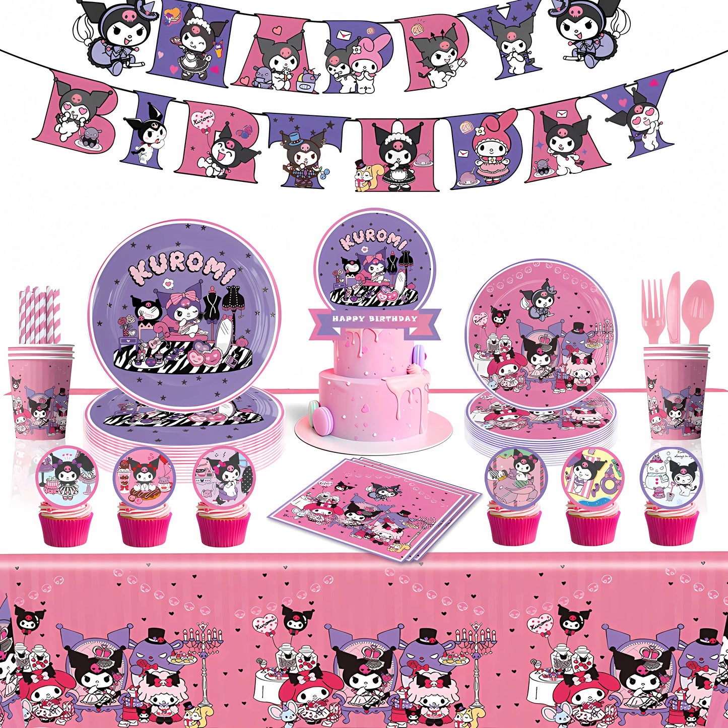 MINISO Kawali Kuromied Theme Birthday Party Decoration Disposable Set Tableware Plate Napkins Tablecloth For Kid Shower Supplies