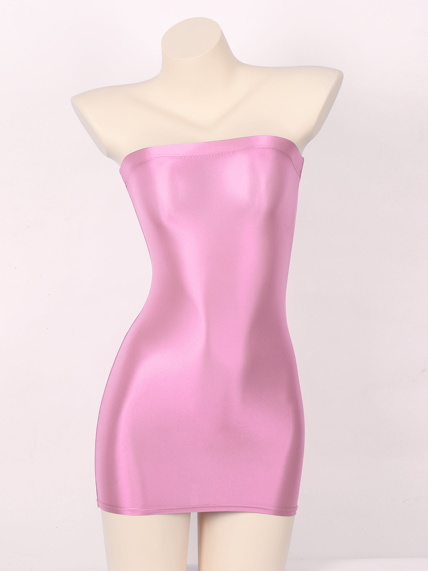 Sexy Women Oil Glossy Sheer Bodycon Dress Females See Through Strapless Pencil Dress Smooth Tight Mini Dress Clubwear