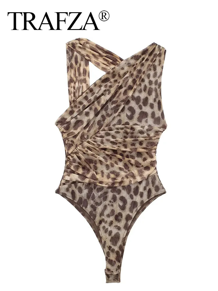 TRAFZA Leopard Print Women Bodysuits Sexy Vintage Sleeveless Lady Jumpsuits Fashion Summer Beach Slim Halter Female Rompers