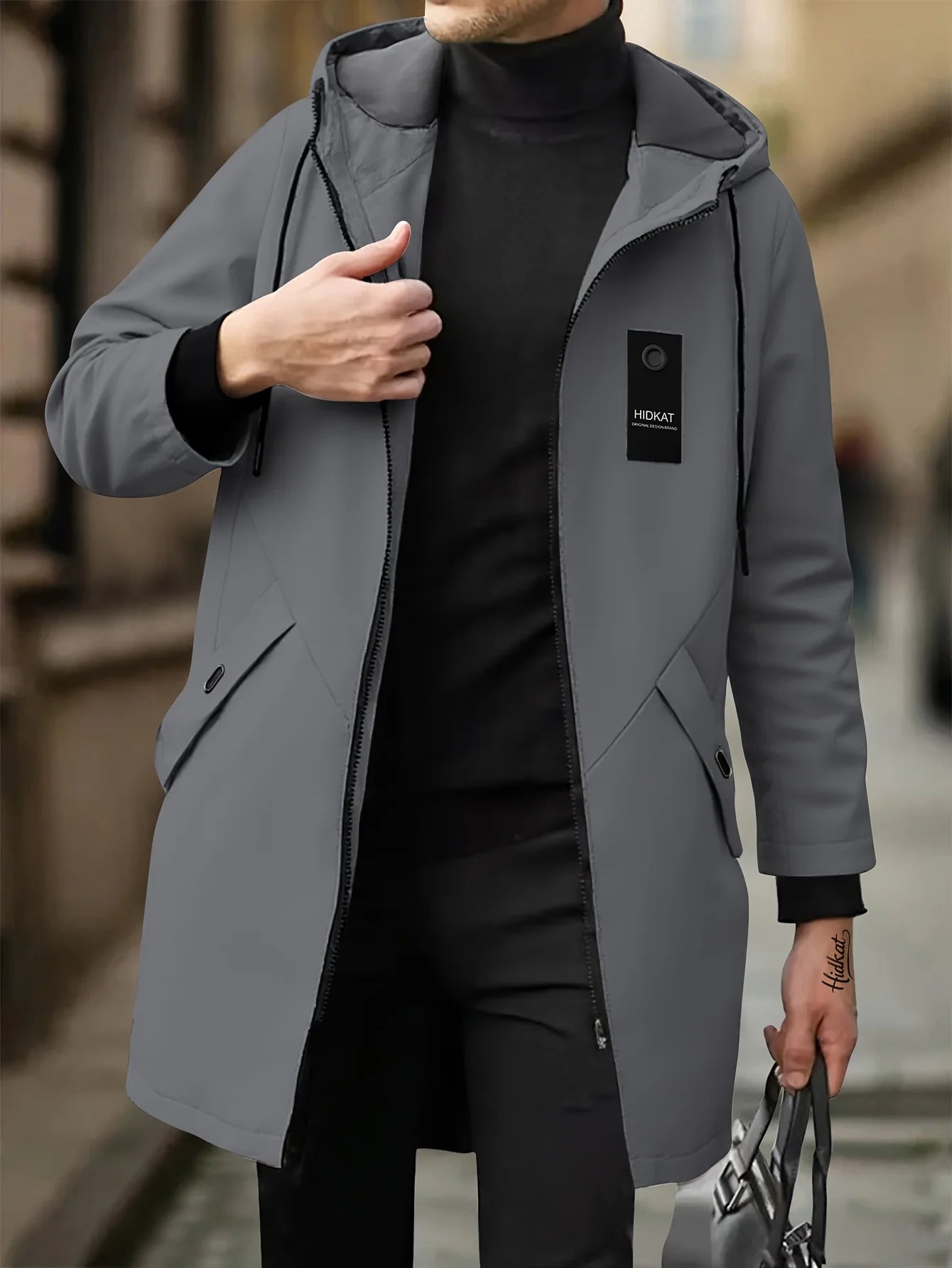 Men's Lightweight Olive Green Jacket Zip-Up Hooded Coat with Adjustable Drawstring Pockets Non-Stretch Fabric for Hiking Gym