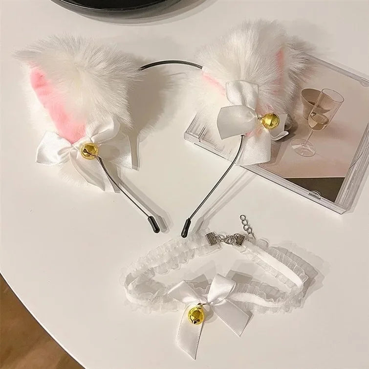 2Pcs Sexy Cat Ears Women Plush Bell Headband with Bell Heart Neckchain Cosplay Masquerade-Party Costume Hair Accessories