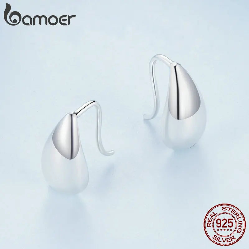 BAMOER Authentic 925 Sterling Silver Glossy Waterdrop Earrings Teardrop Hook Earrings for Women Minimalist Fine Jewelry Gift